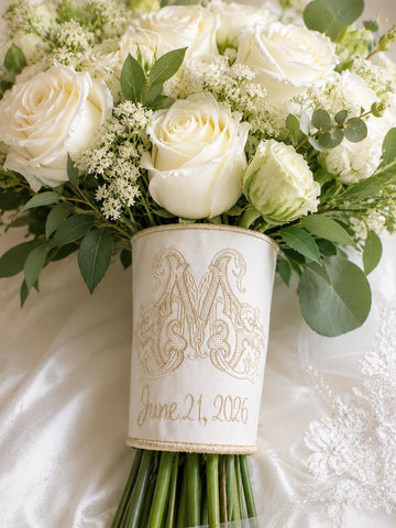 Monogrammed wedding bouquet wrap embroidered with initials and a date