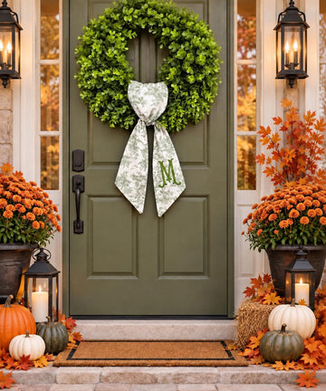 Sage green toile wreath sash with a monogram on a front door