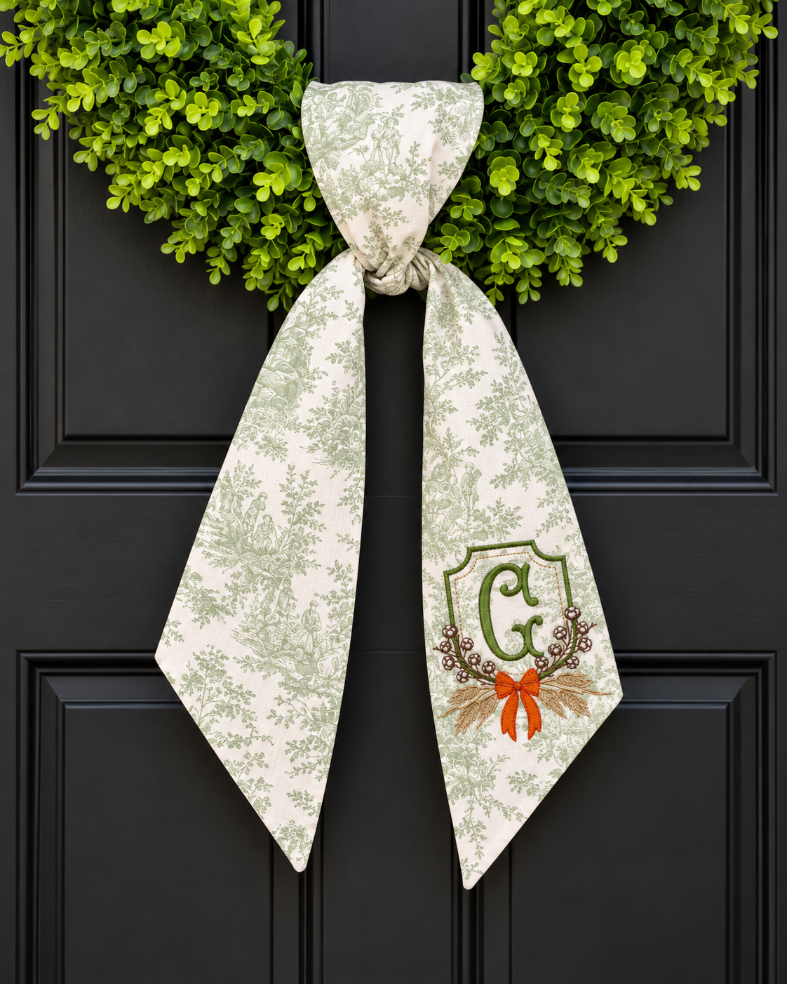 Sage Green Toile Fall Crest Wreath Sash