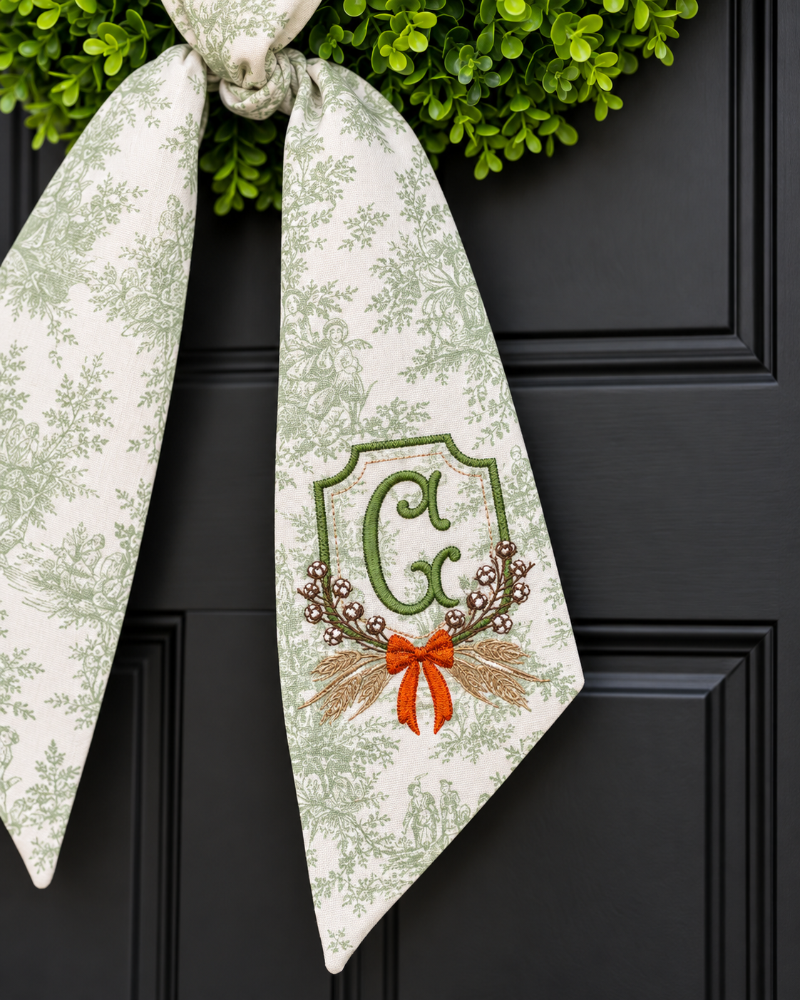 Sage Green Toile Fall Crest Wreath Sash
