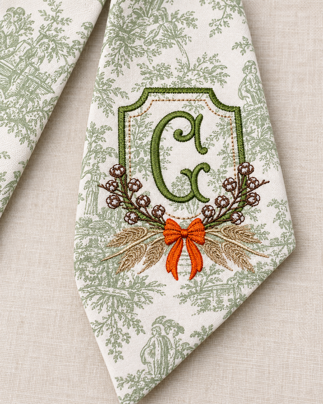 Sage Green Toile Fall Crest Wreath Sash