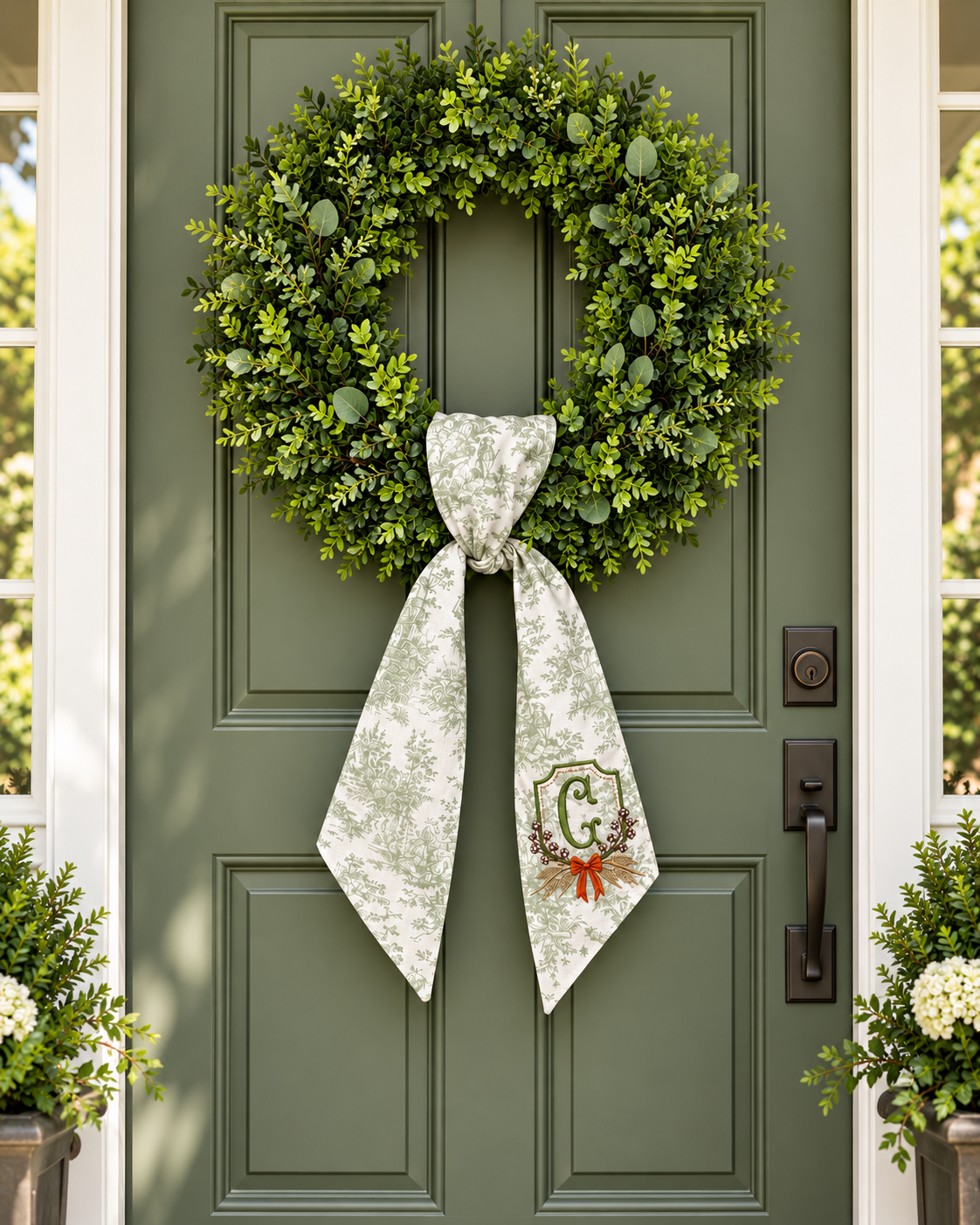 Sage Green Toile Fall Crest Wreath Sash