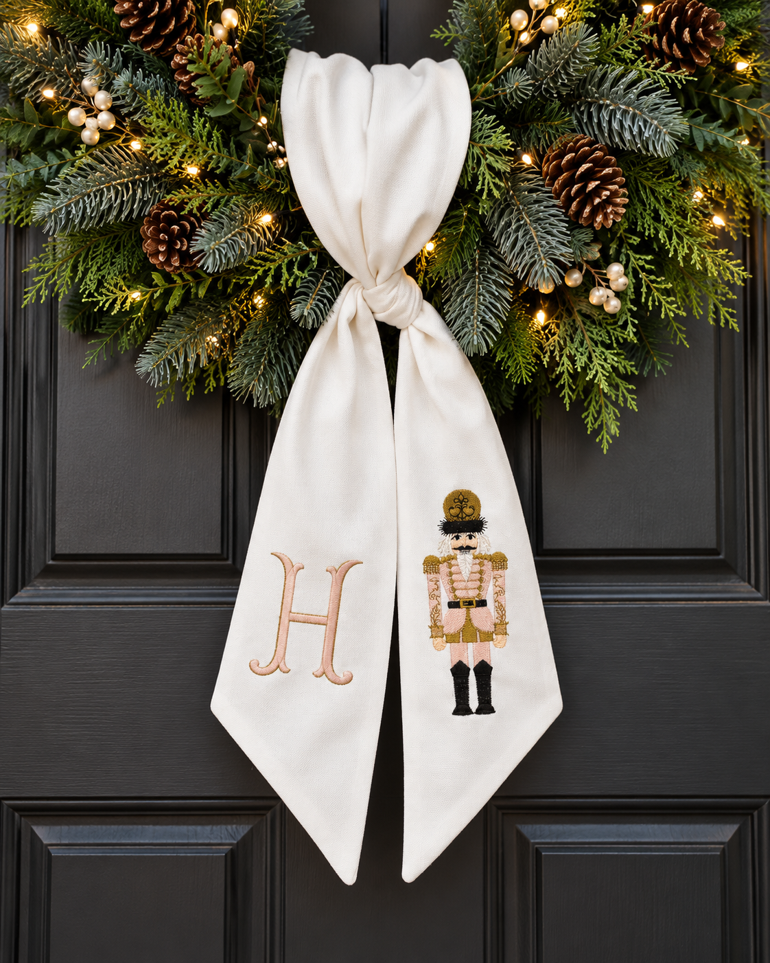 Pink Nutcracker Christmas Embroidered Wreath Sash