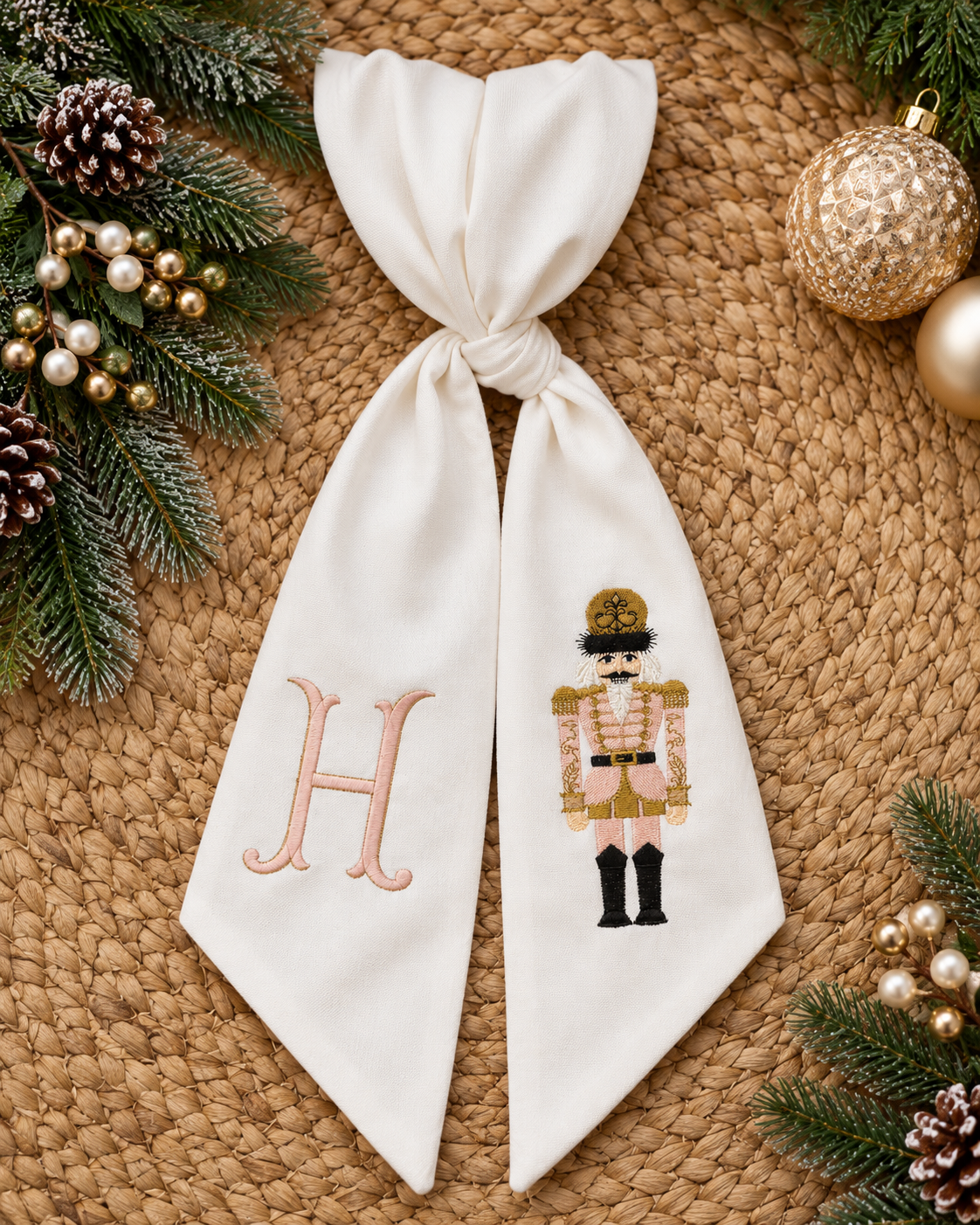 Pink Nutcracker Christmas Embroidered Wreath Sash