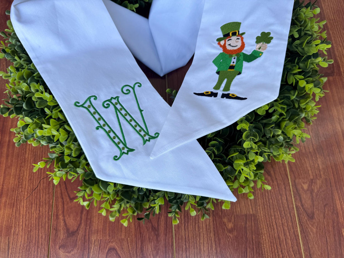 Embroidered St Patrick's Day Wreath Sash: Leprechaun Initial Decor