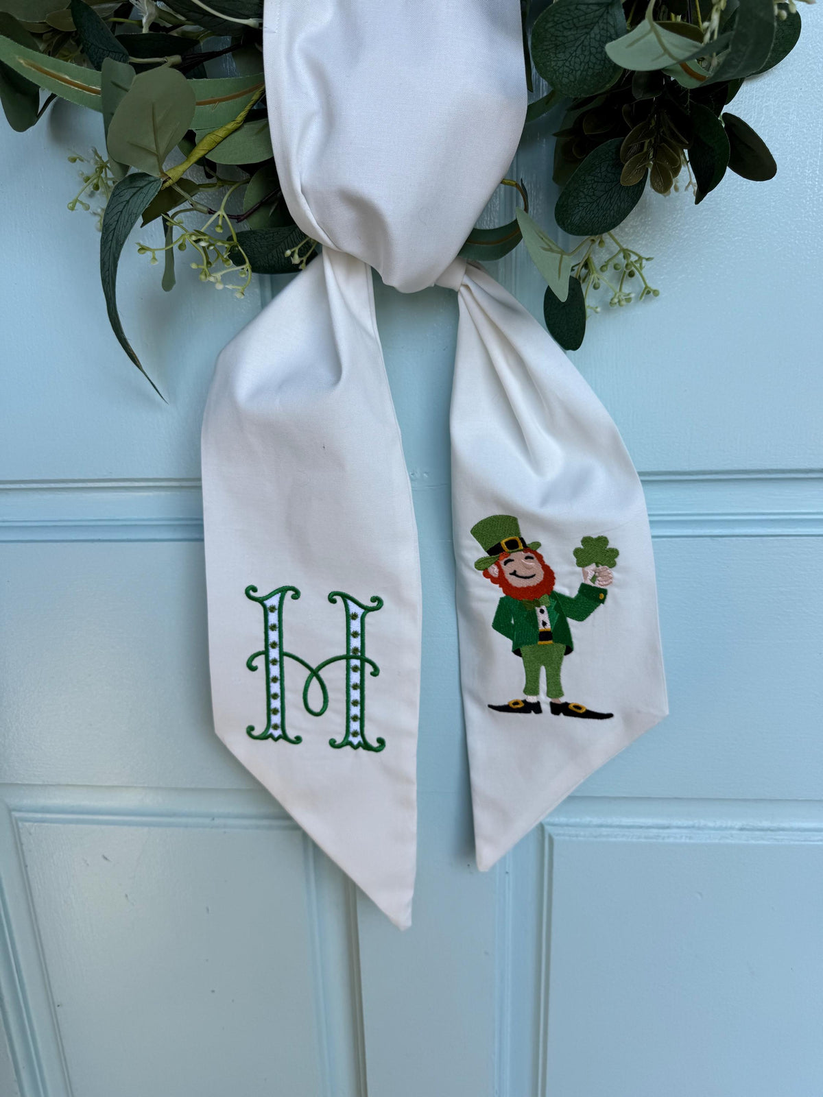 Embroidered St Patrick's Day Wreath Sash: Leprechaun Initial Decor