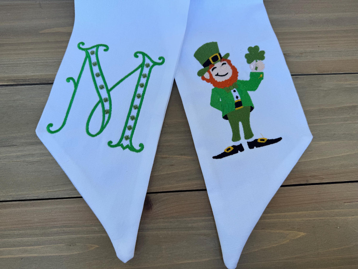 Embroidered St Patrick's Day Wreath Sash: Leprechaun Initial Decor