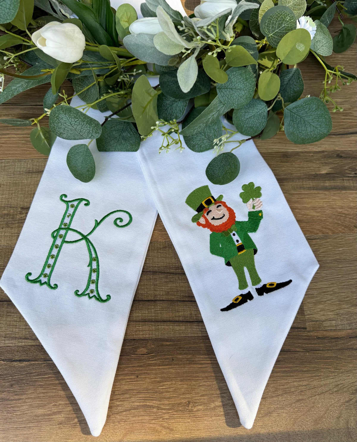 Embroidered St Patrick's Day Wreath Sash: Leprechaun Initial Decor