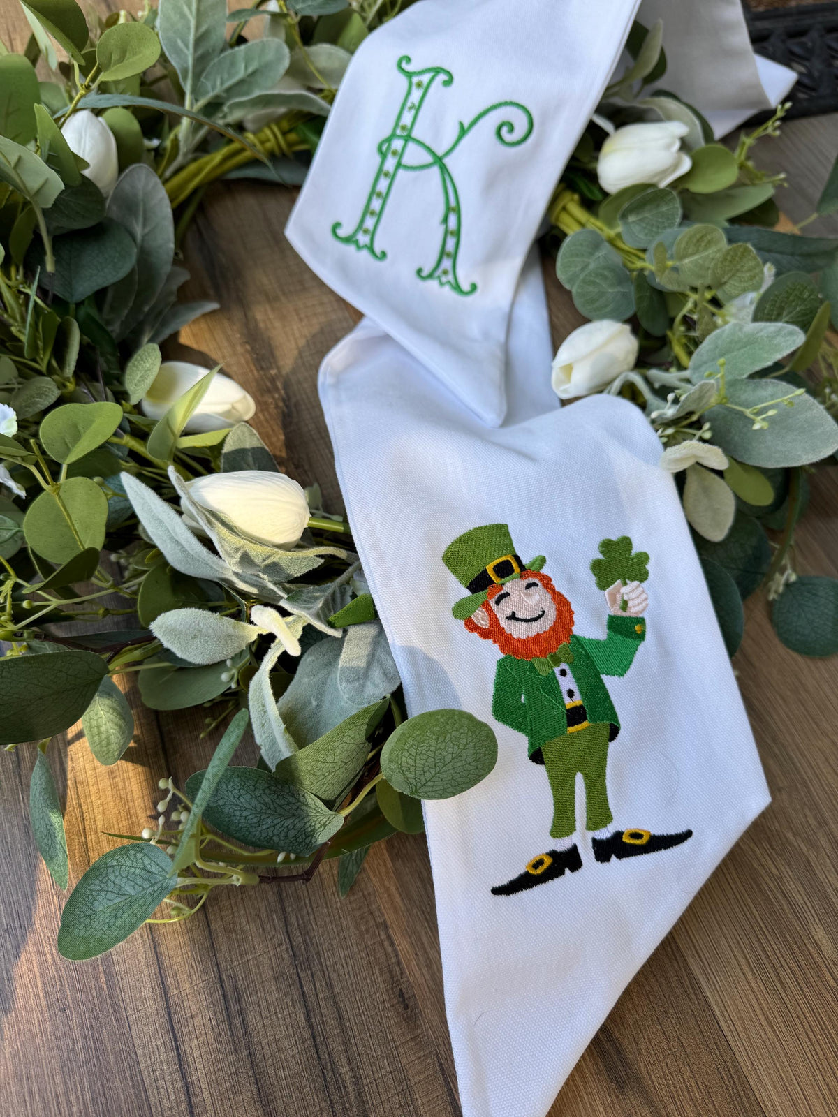 Embroidered St Patrick's Day Wreath Sash: Leprechaun Initial Decor