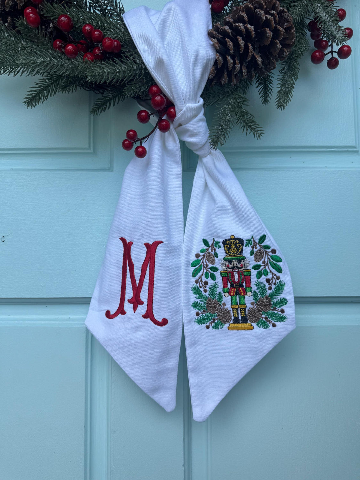 Christmas Nutcracker Embroidered Wreath Sash, Holiday Decor