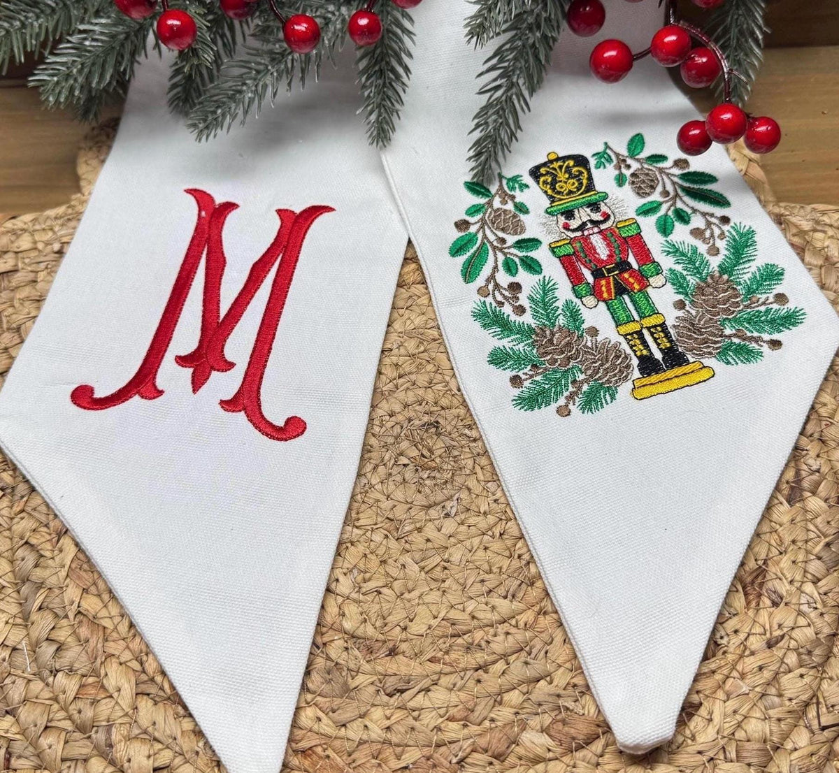Christmas Nutcracker Embroidered Wreath Sash, Holiday Decor