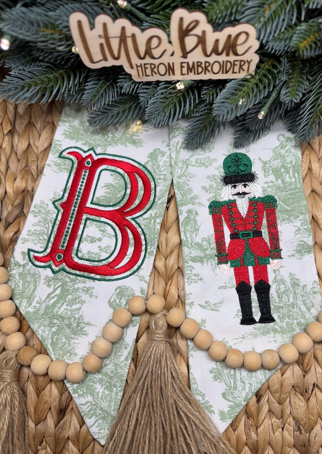 Christmas Nutcracker Embroidered Wreath Sash, Vintage Holiday Decor