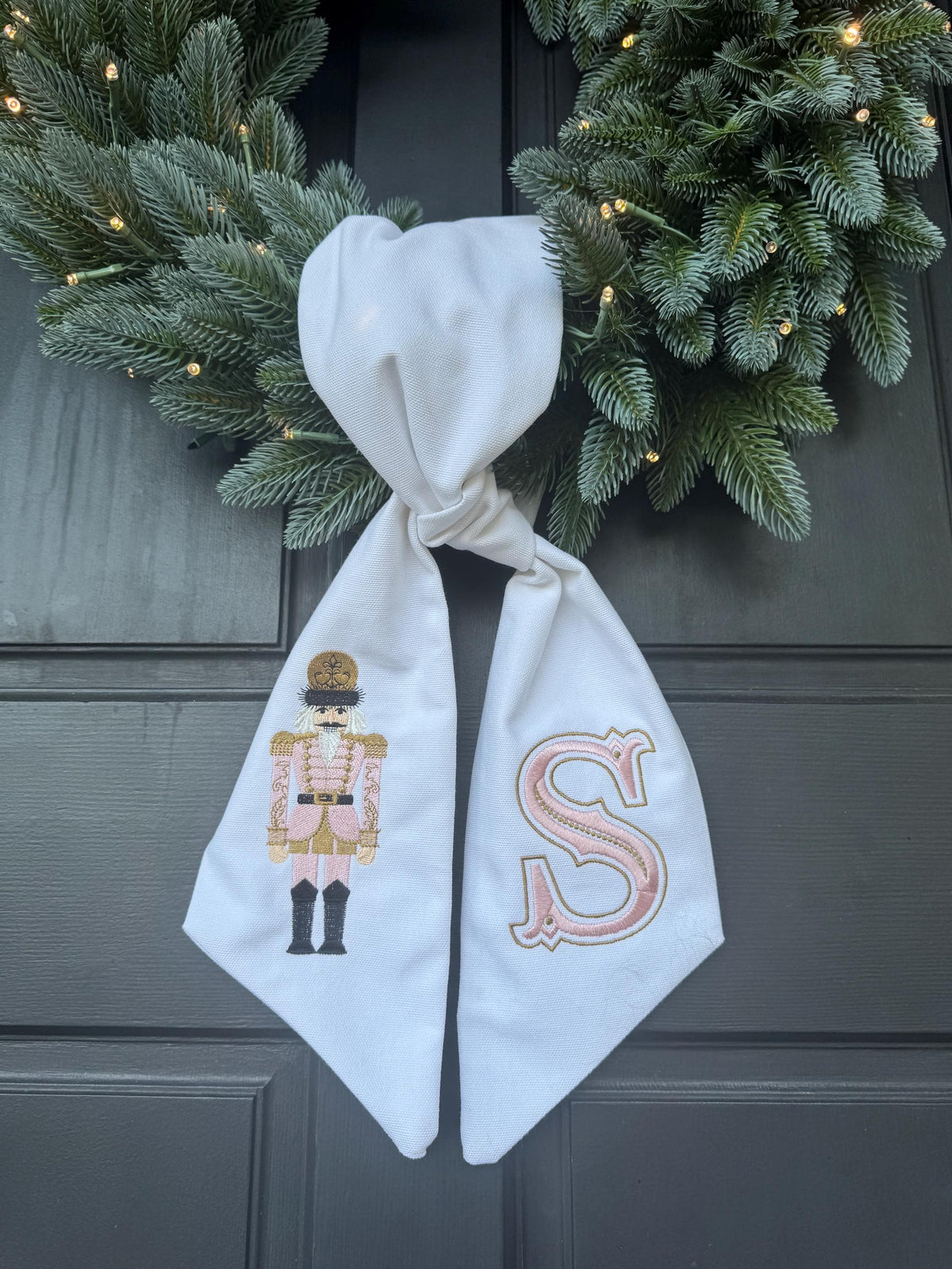 Pink Nutcracker Christmas Embroidered Wreath Sash