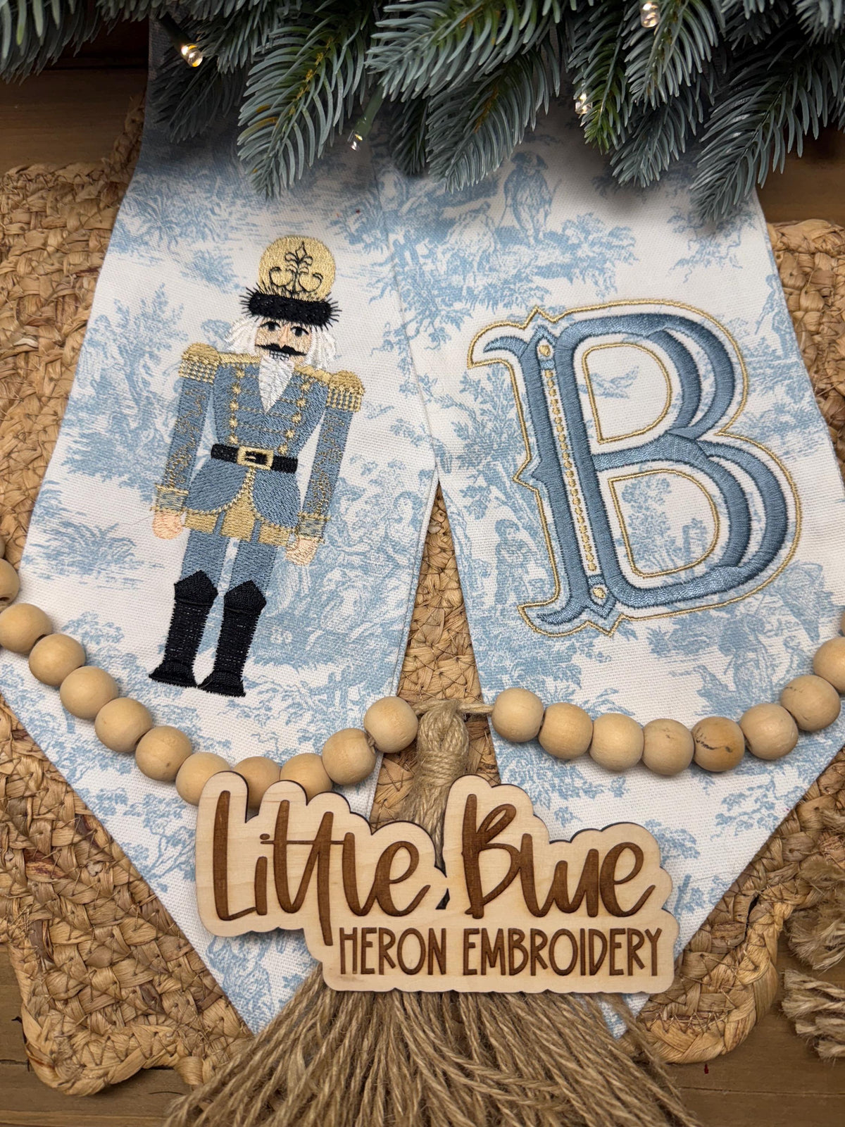 Blue Toile Nutcracker Wreath Sash
