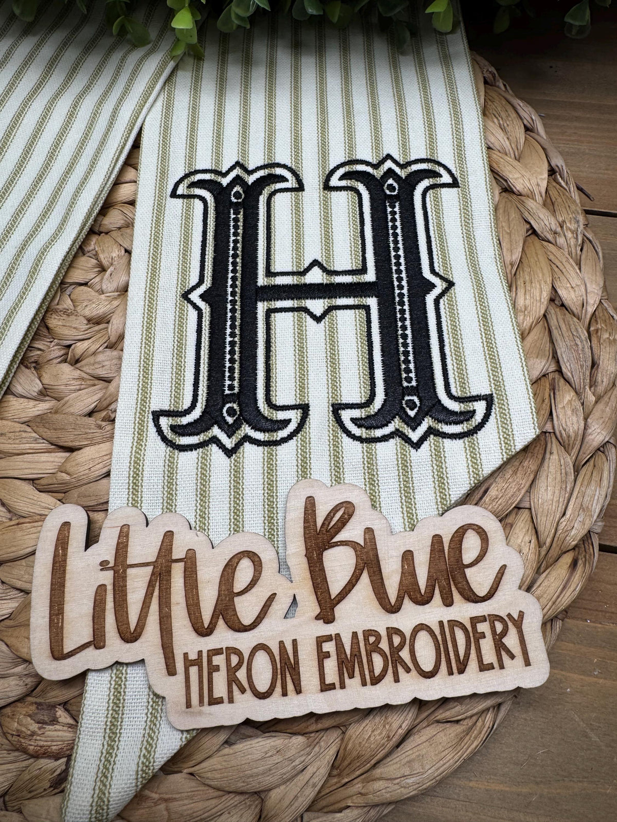 Monogram Wreath Sash, Striped Fabric Embroidered Last Name Initial Door Decor