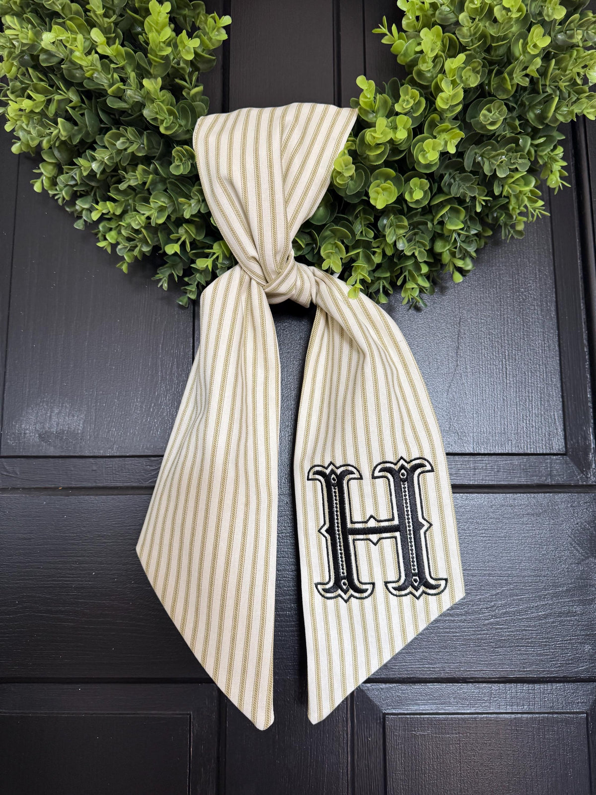 Monogram Wreath Sash, Striped Fabric Embroidered Last Name Initial Door Decor
