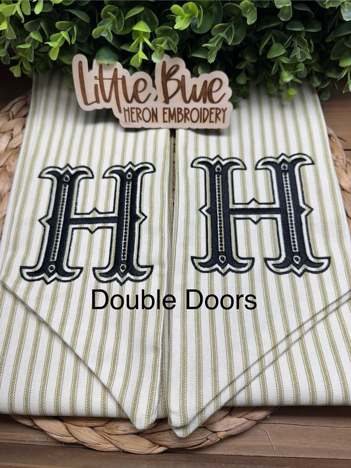 Monogram Wreath Sash, Striped Fabric Embroidered Last Name Initial Door Decor