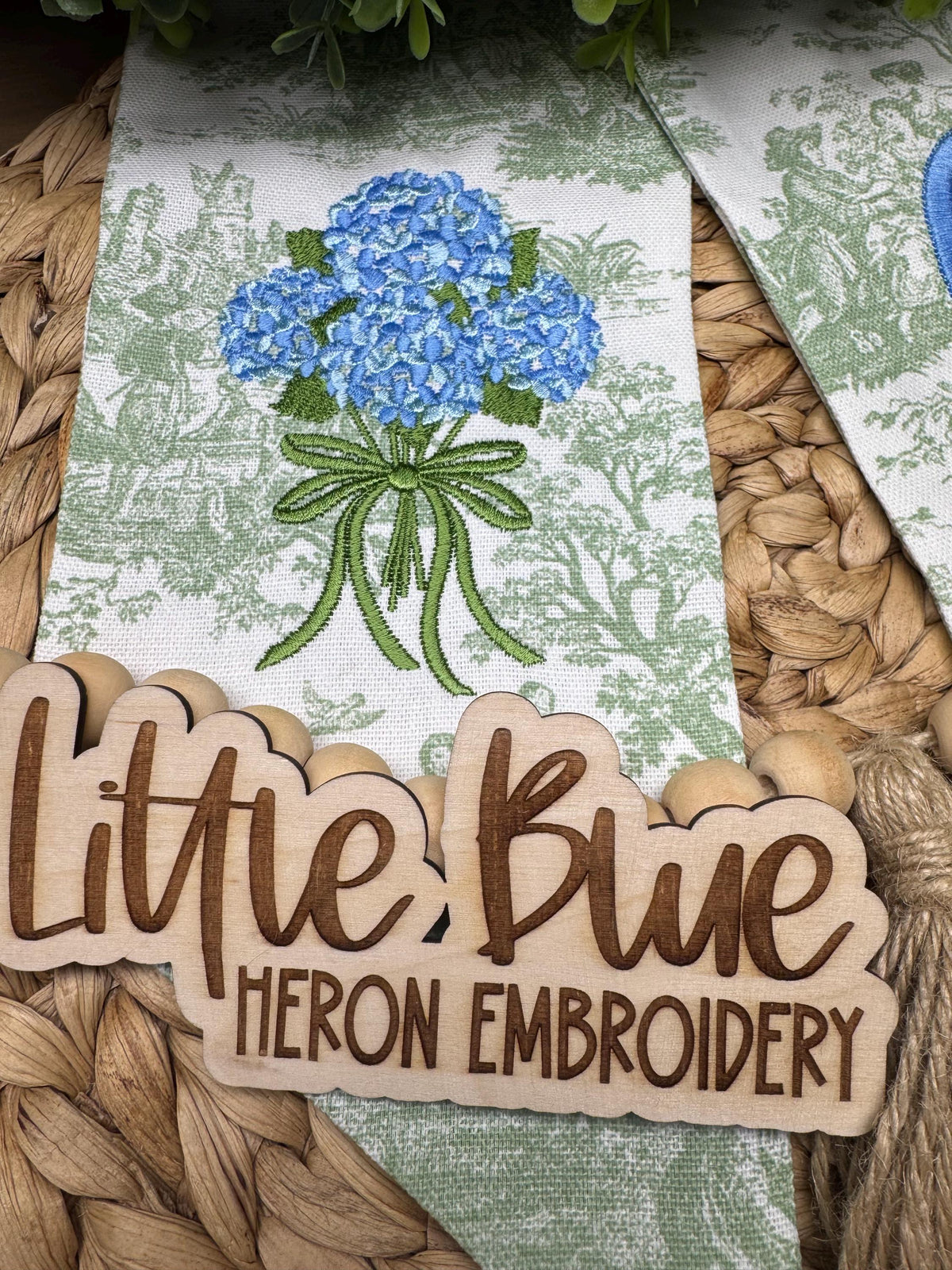 Hydrangeas Wreath Sash, Green Toile Spring Sash: Embroidered Chinoiserie Monogram Door Decor