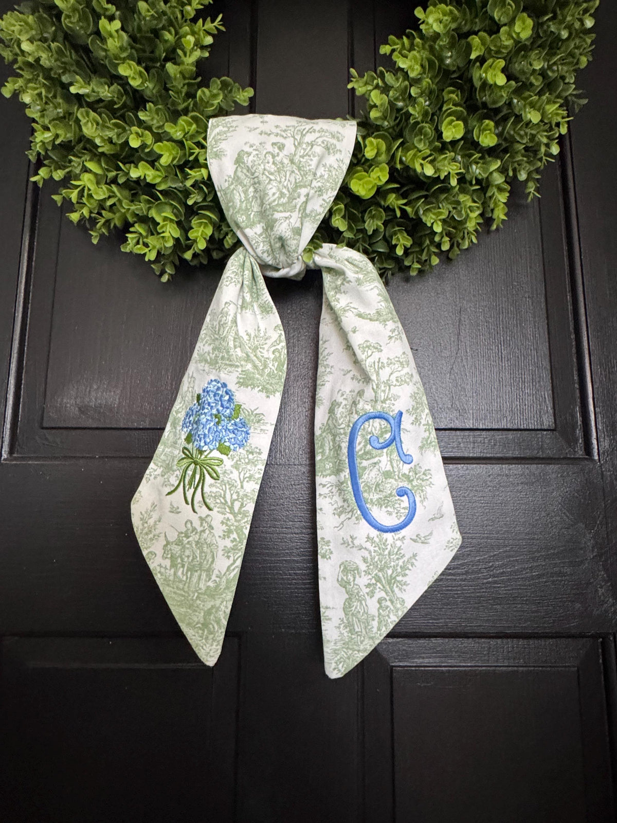Hydrangeas Wreath Sash, Green Toile Spring Sash: Embroidered Chinoiserie Monogram Door Decor