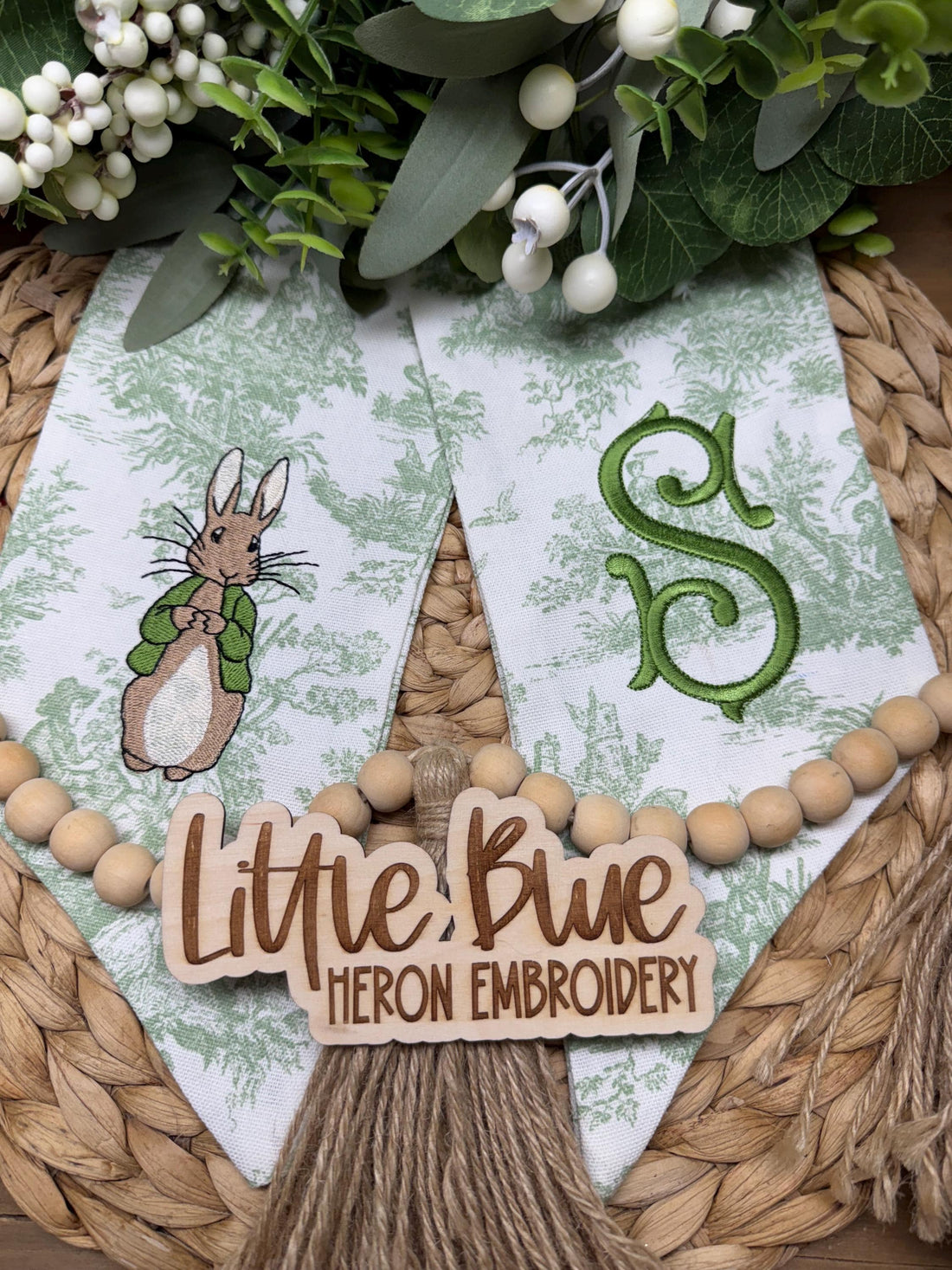 Green Toile Easter Bunny Wreath Sash: Embroidered Vintage Chinoiserie Monogram Spring Door Decor