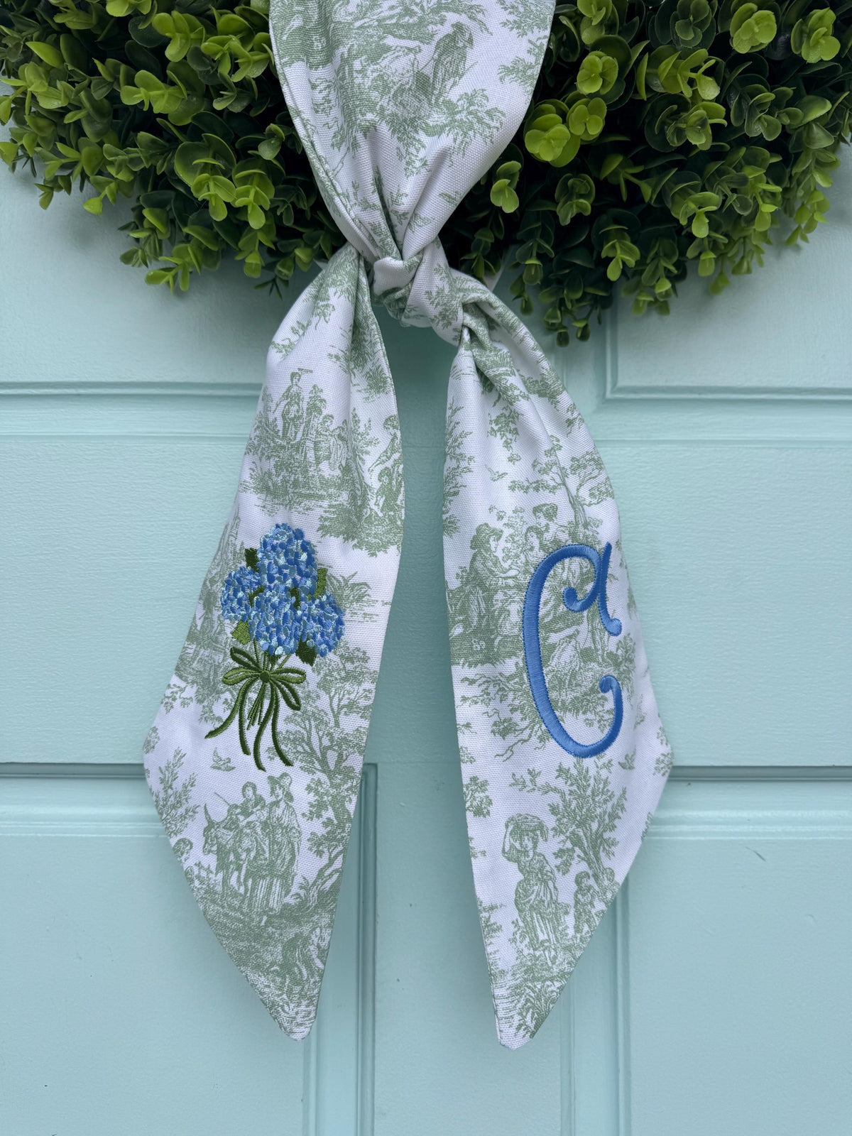 Hydrangeas Wreath Sash, Green Toile Spring Sash: Embroidered Chinoiserie Monogram Door Decor