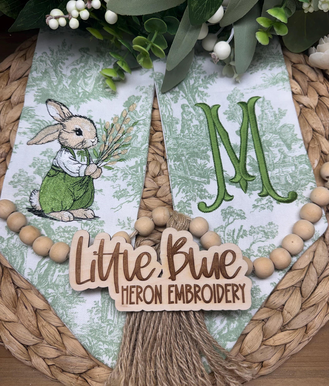 Green Toile Easter Bunny Wreath Sash: Vintage Embroidered Chinoiserie Monogram Spring Door Decor