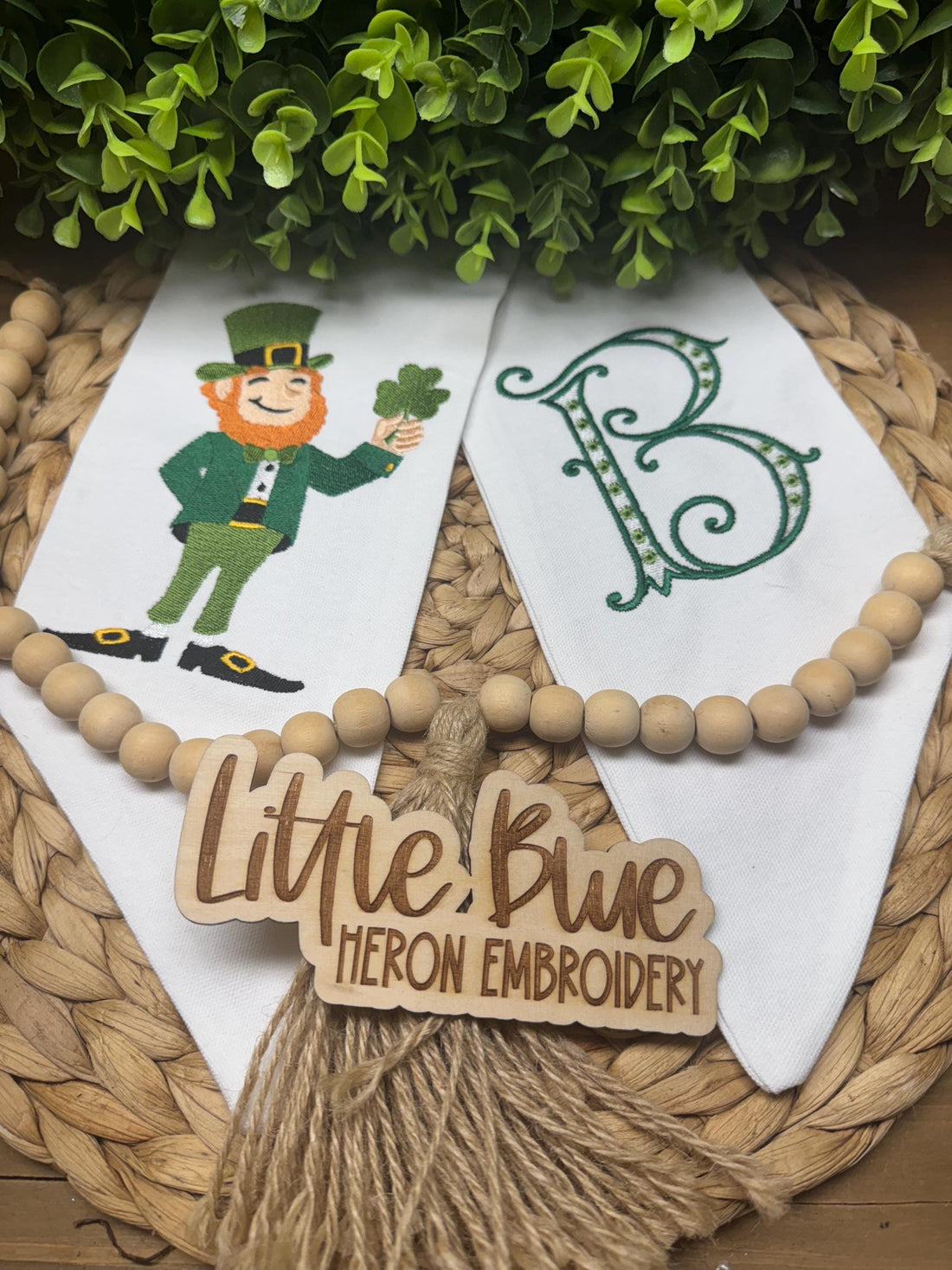 Embroidered St Patrick's Day Wreath Sash: Leprechaun Initial Decor