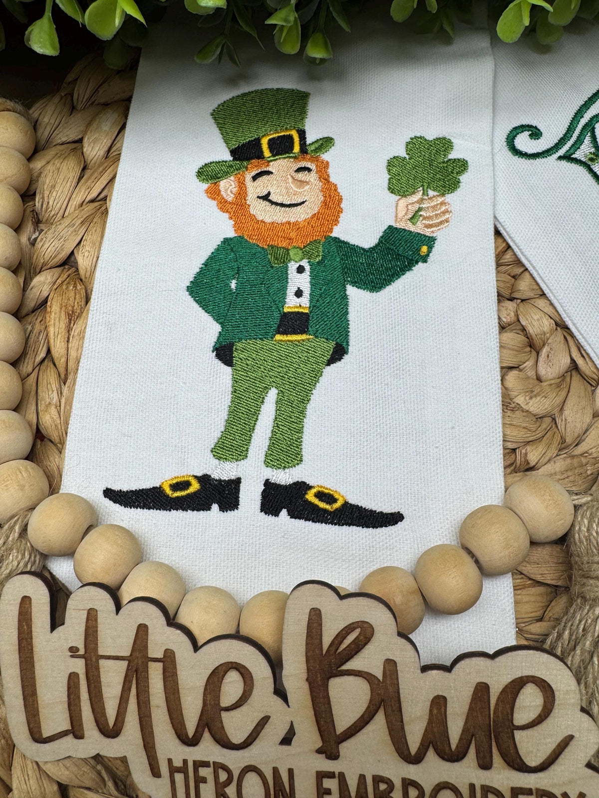Embroidered St Patrick's Day Wreath Sash: Leprechaun Initial Decor