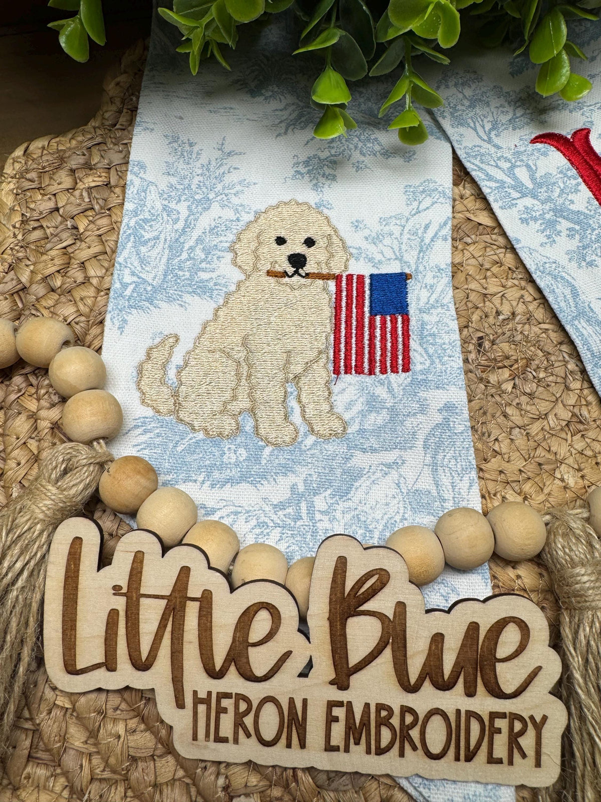 Embroidered Patriotic Dog Wreath Sash, Goldendoodle with Flag, Monogram Door Decor