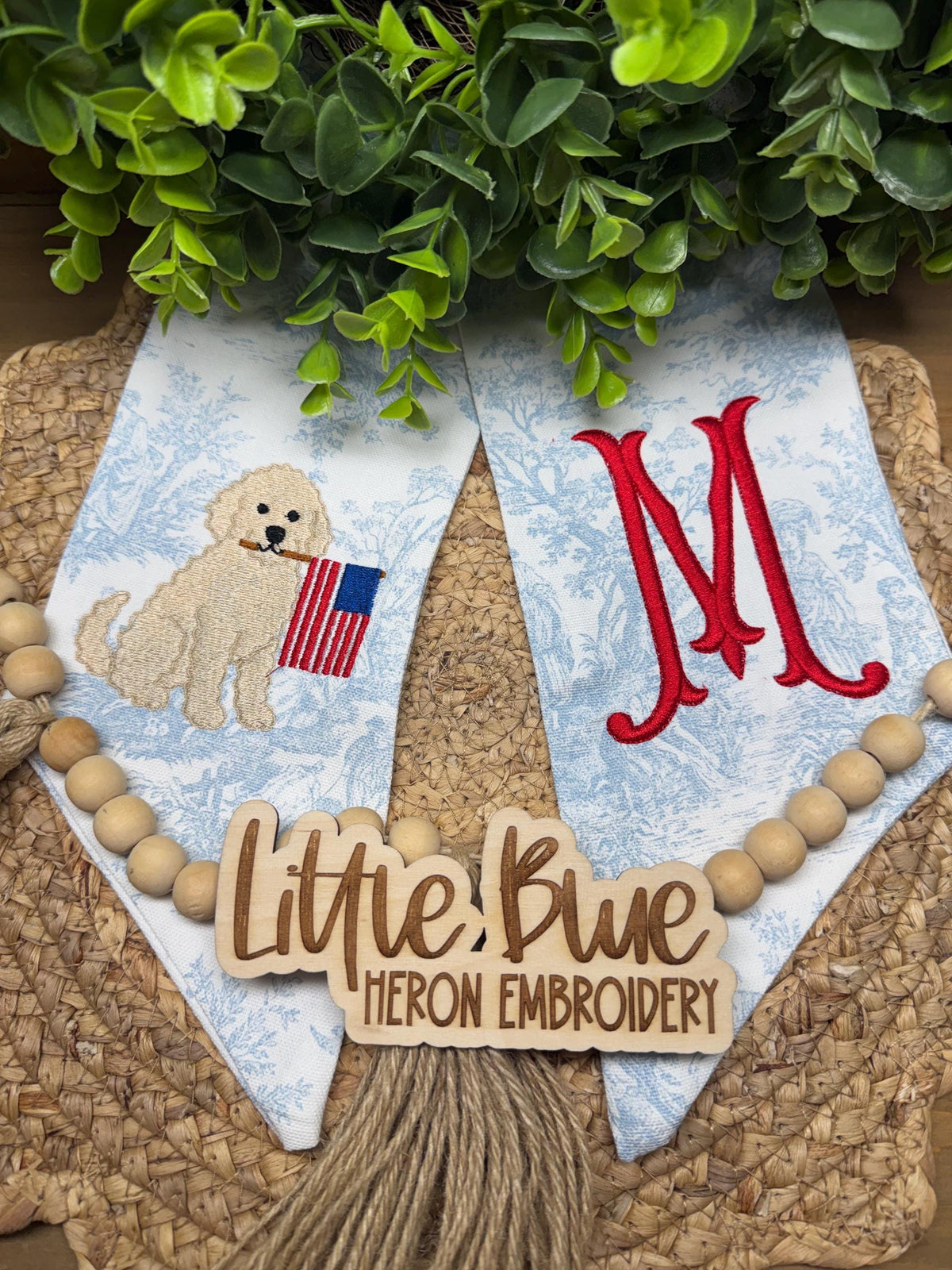 Embroidered Patriotic Dog Wreath Sash, Goldendoodle with Flag, Monogram Door Decor