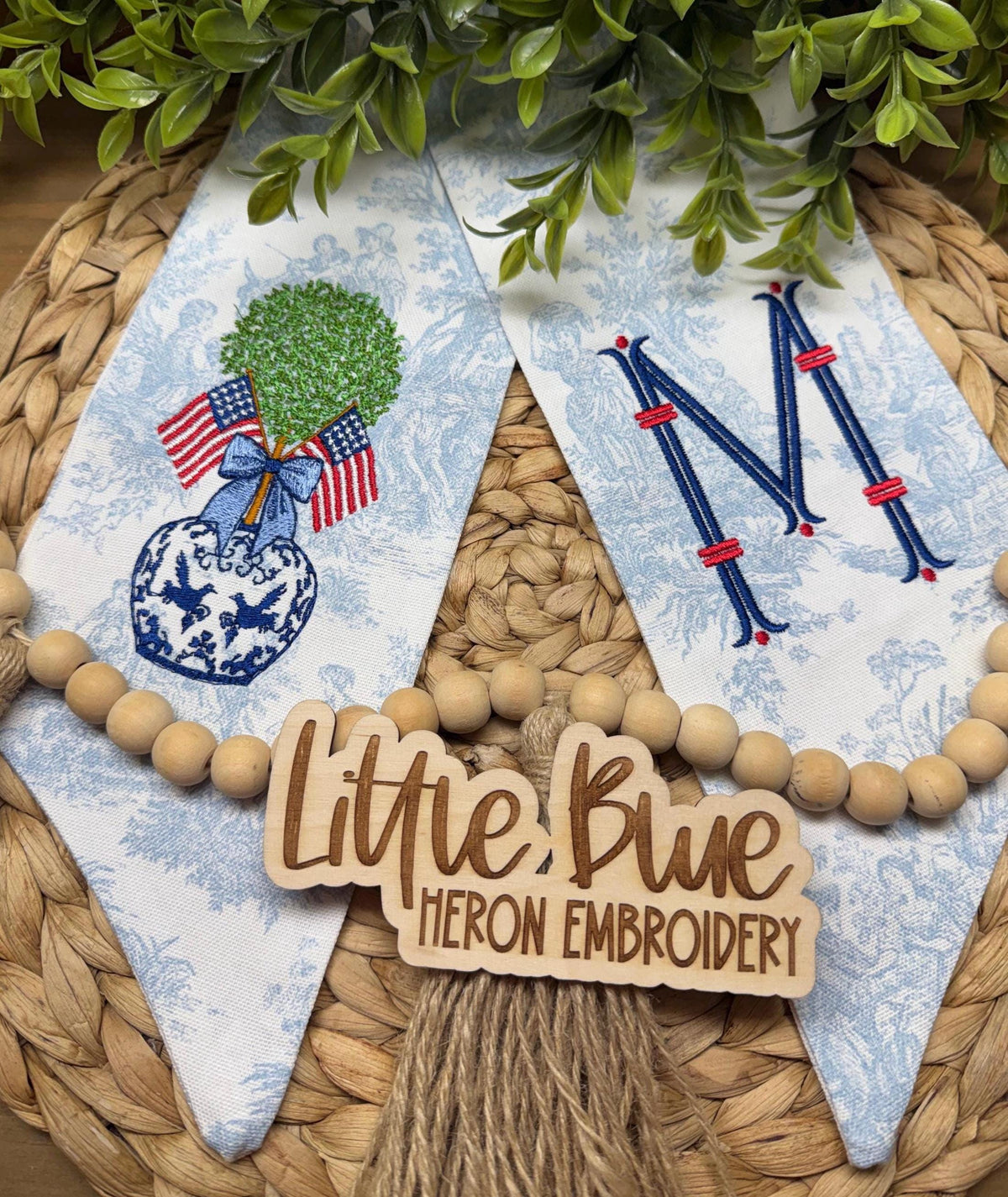 Blue Toile Patriotic Topiary Wreath Sash