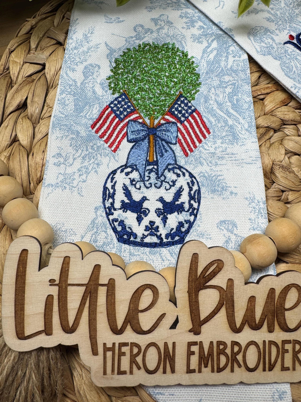 Blue Toile Patriotic Topiary Wreath Sash