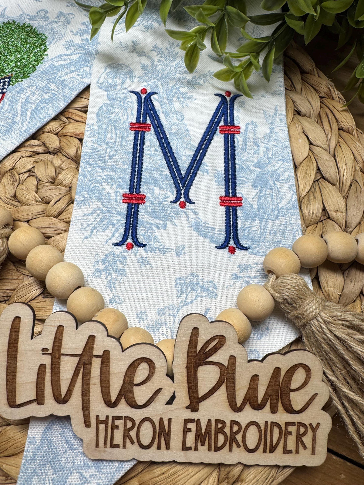 Blue Toile Patriotic Topiary Wreath Sash
