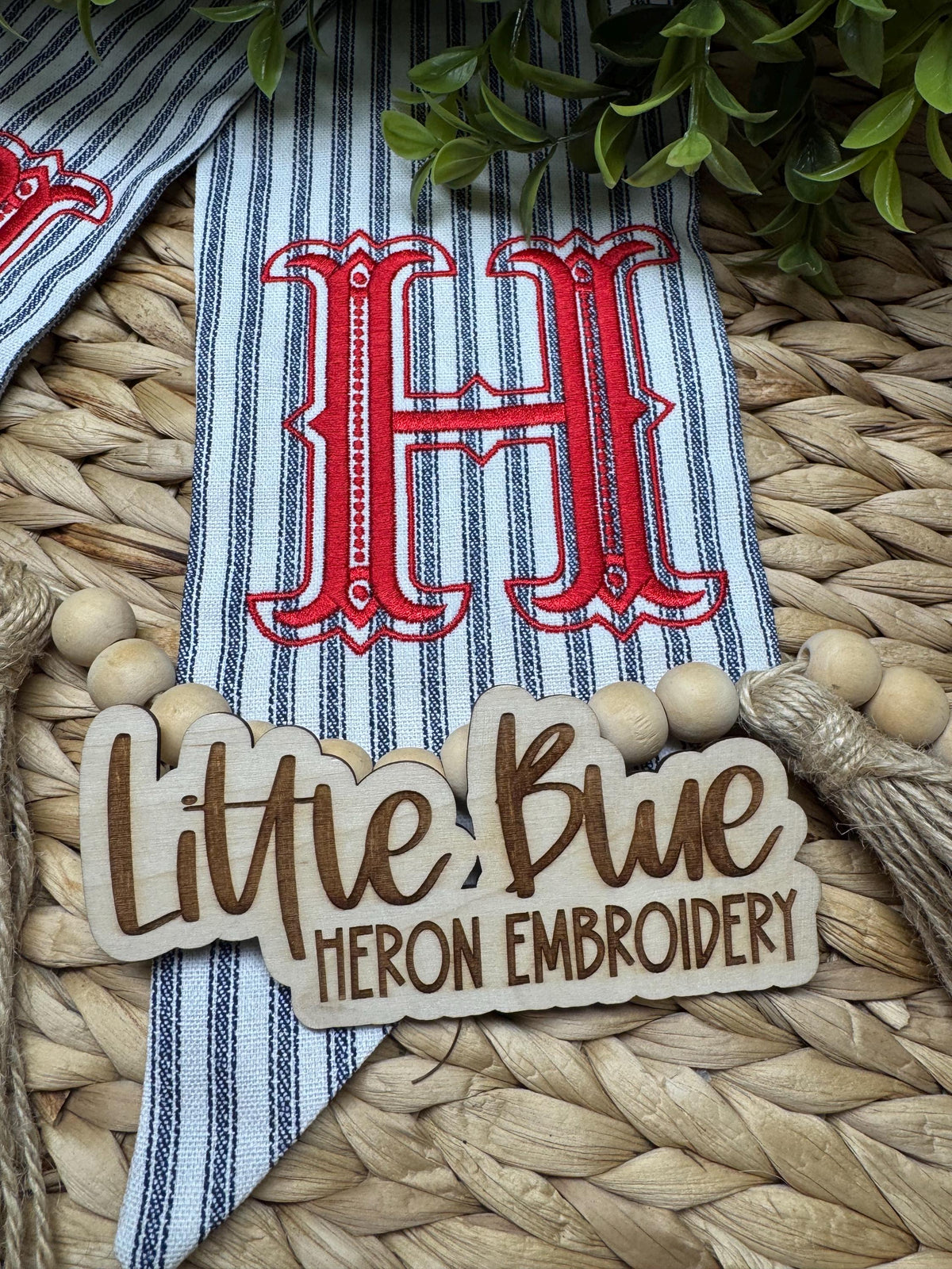 Monogram Wreath Sash, Striped Fabric Embroidered Last Name Initial Door Decor