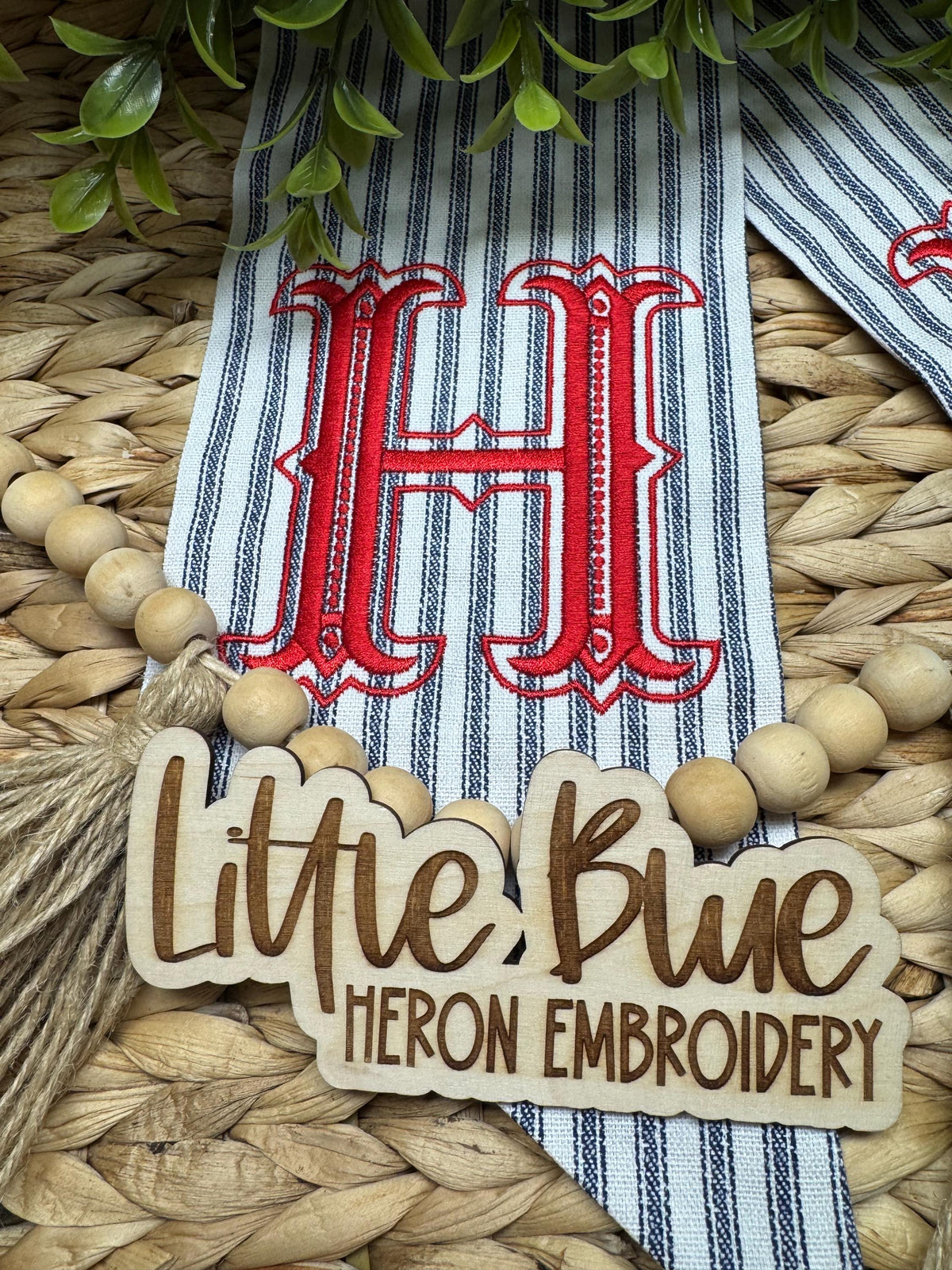 Monogram Wreath Sash, Striped Fabric Embroidered Last Name Initial Door Decor