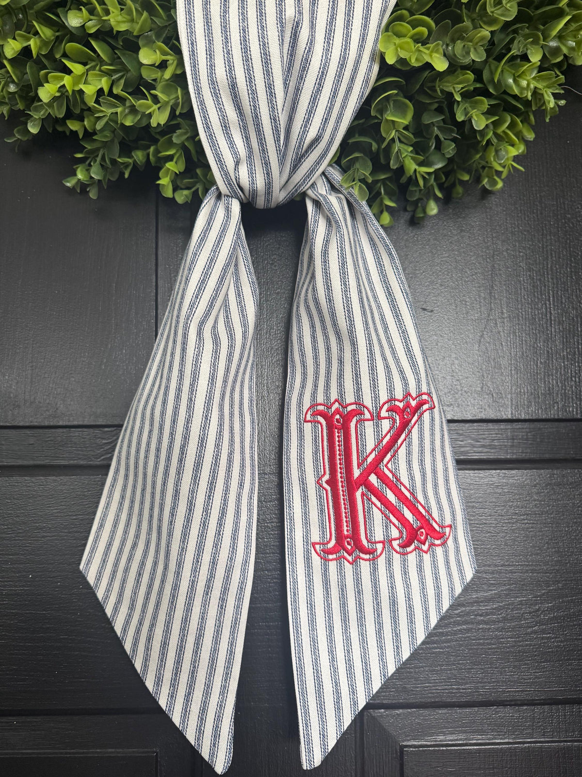 Monogram Wreath Sash, Striped Fabric Embroidered Last Name Initial Door Decor