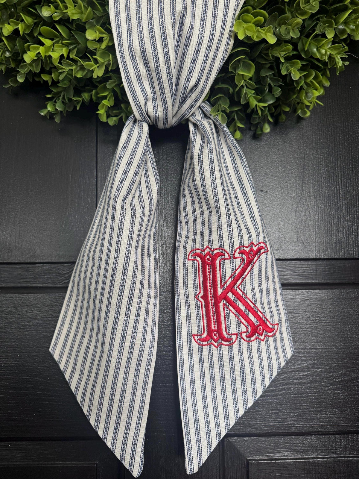 Monogram Wreath Sash, Striped Fabric Embroidered Last Name Initial Door Decor