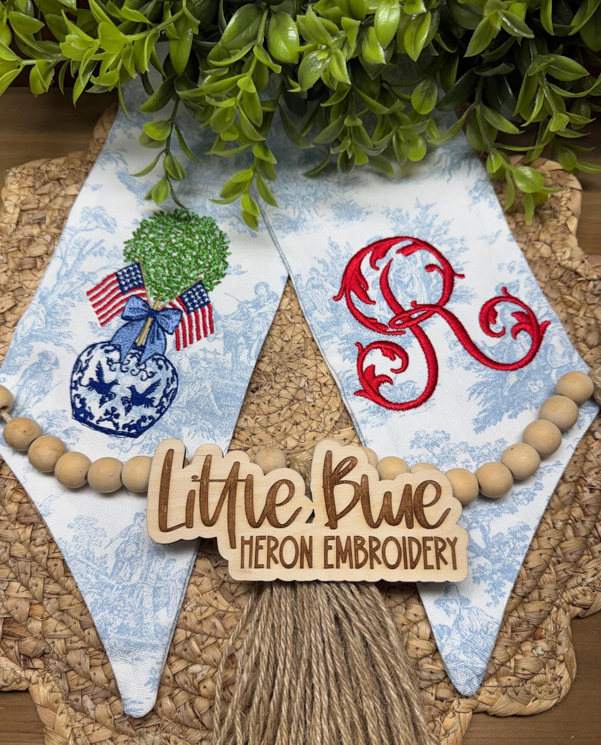 Blue Toile Patriotic Topiary Wreath Sash