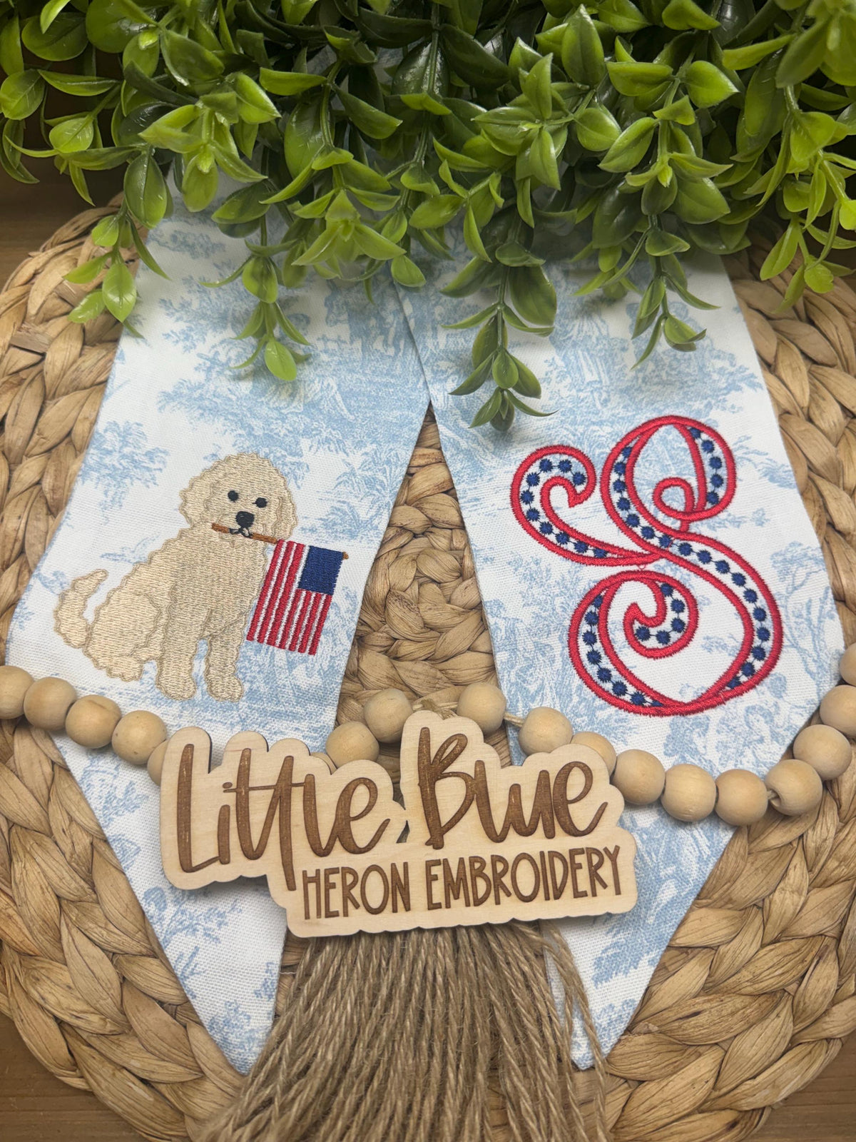 Embroidered Patriotic Dog Wreath Sash, Goldendoodle with Flag, Monogram Door Decor