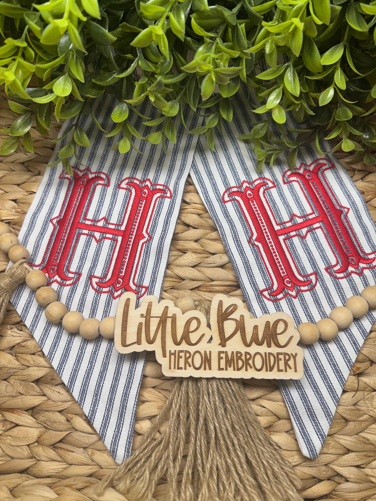 Monogram Wreath Sash, Striped Fabric Embroidered Last Name Initial Door Decor