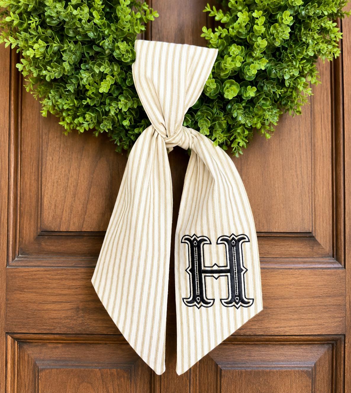 Monogram Wreath Sash, Striped Fabric Embroidered Last Name Initial Door Decor