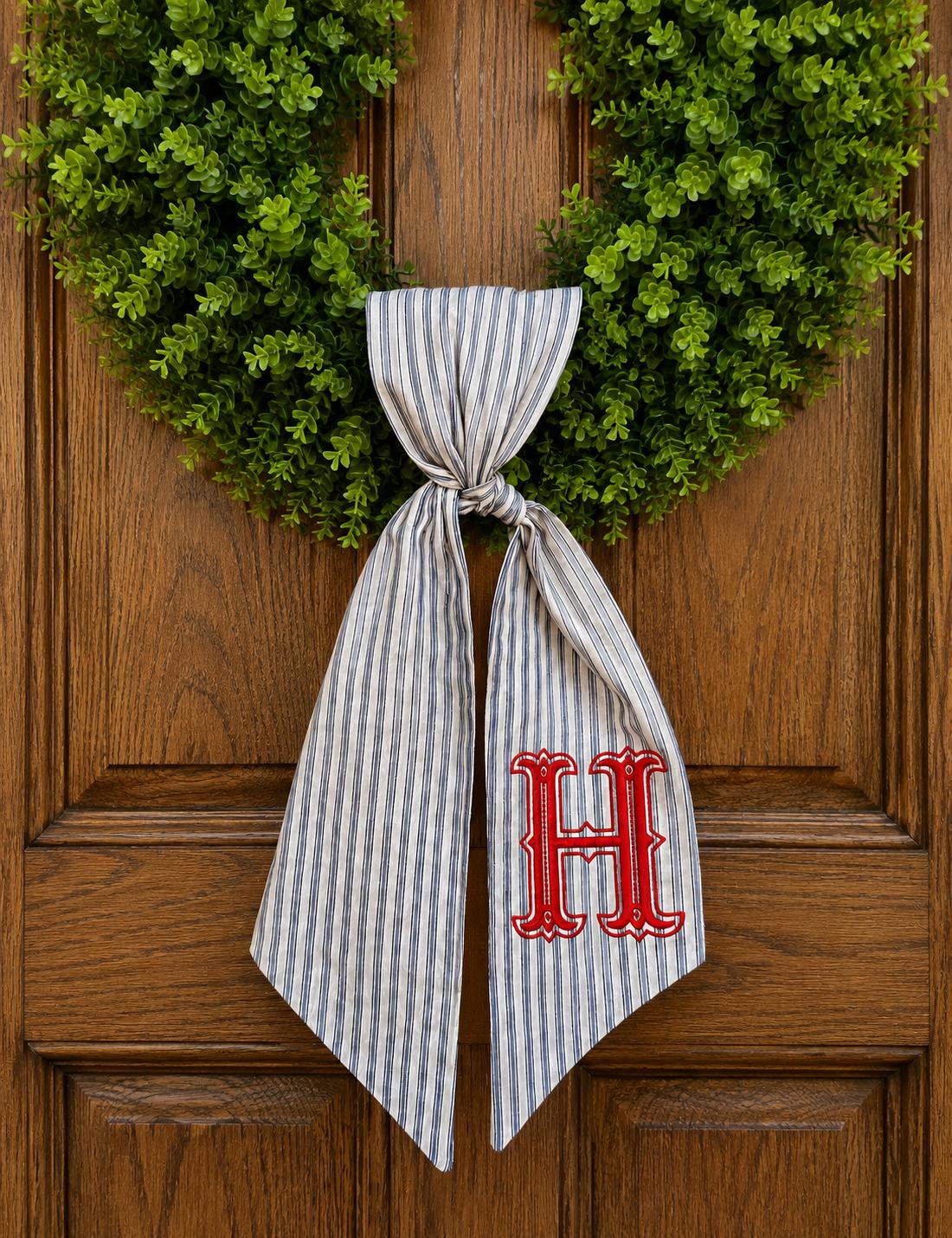 Monogram Wreath Sash, Striped Fabric Embroidered Last Name Initial Door Decor
