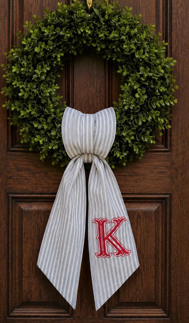Monogram Wreath Sash, Striped Fabric Embroidered Last Name Initial Door Decor