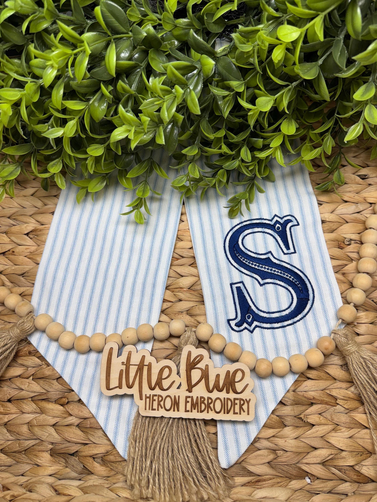 Monogram Wreath Sash, Striped Fabric Embroidered Last Name Initial Door Decor