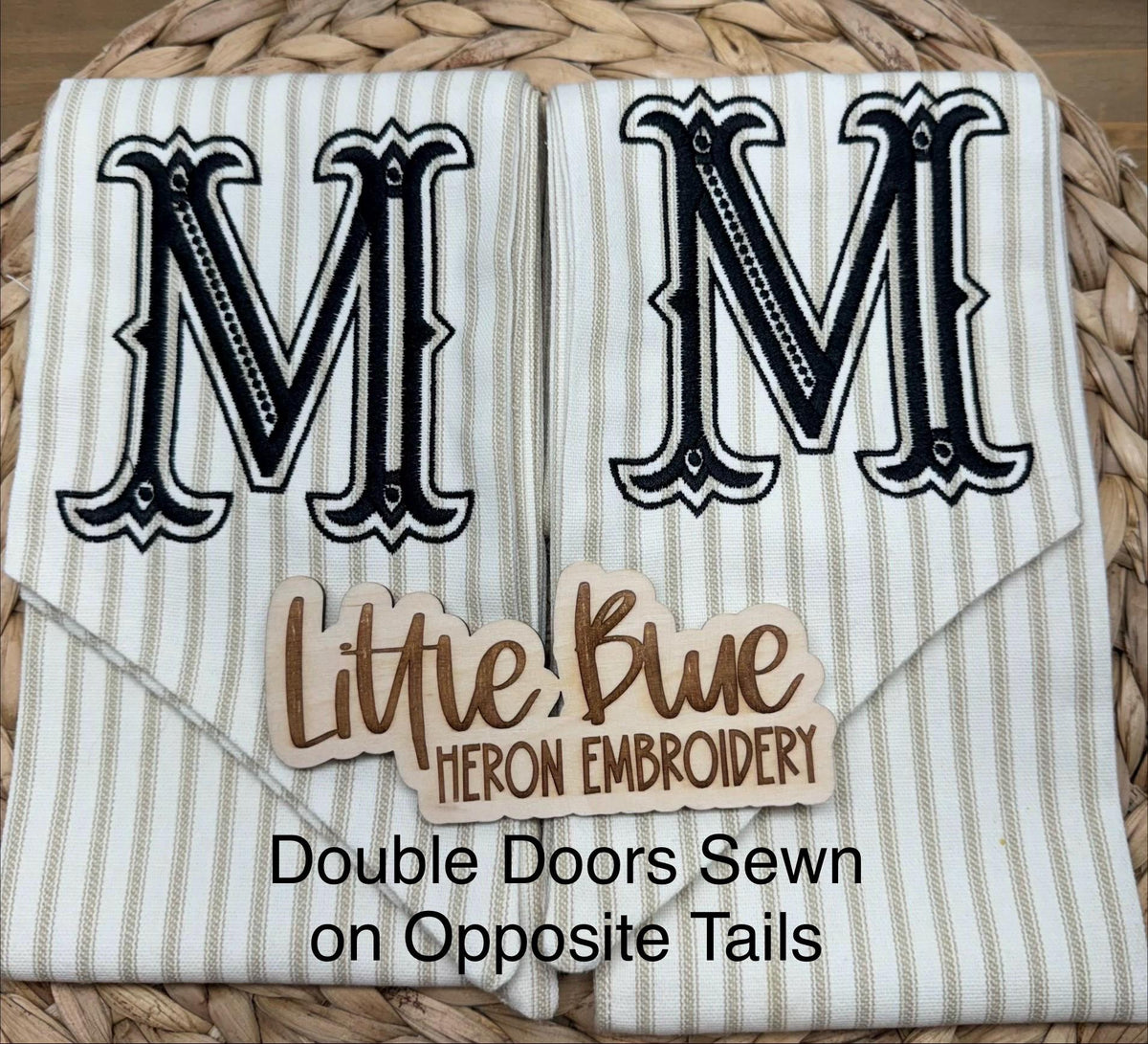 Monogram Wreath Sash, Striped Fabric Embroidered Last Name Initial Door Decor
