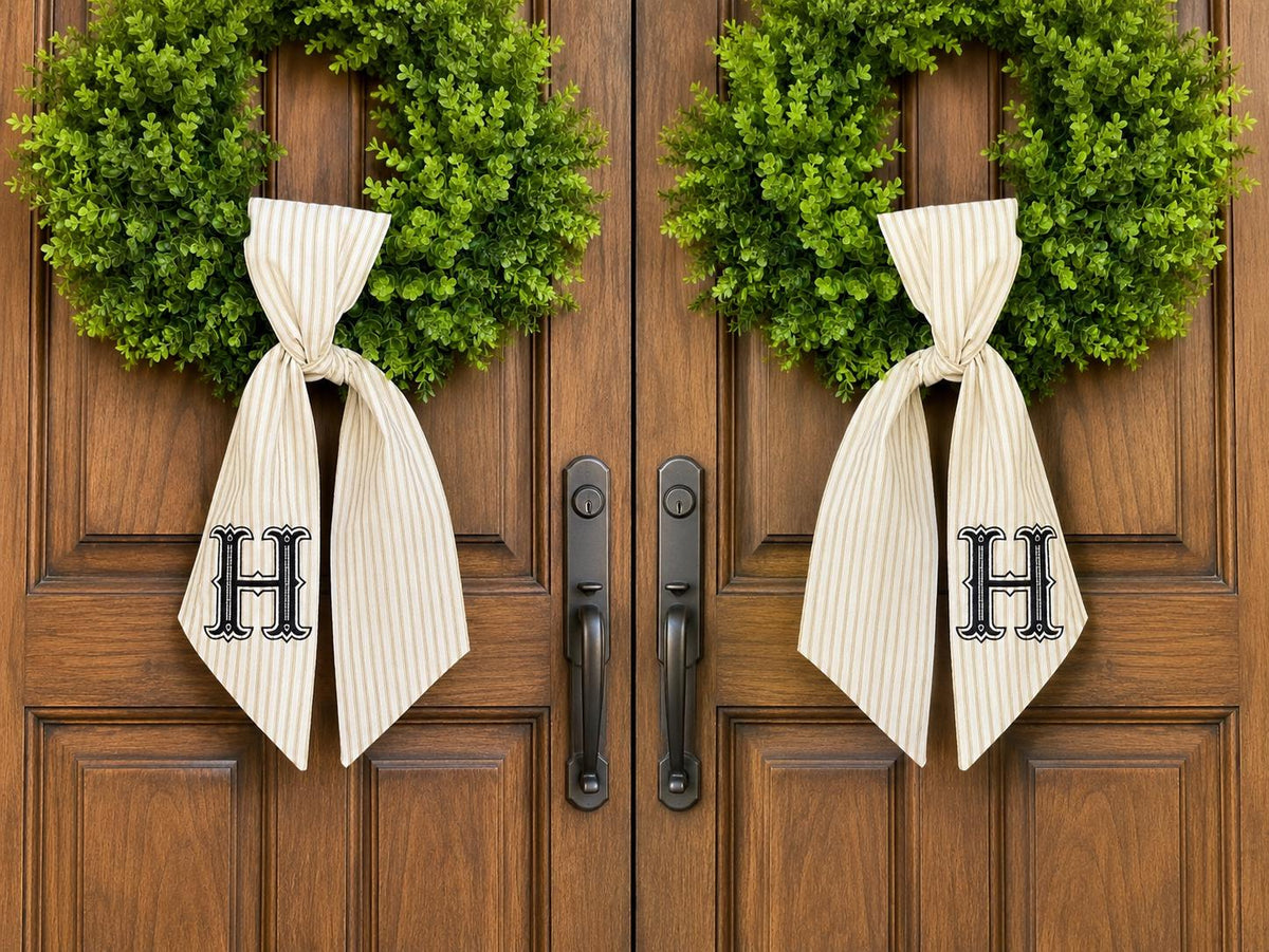Monogram Wreath Sash, Striped Fabric Embroidered Last Name Initial Door Decor