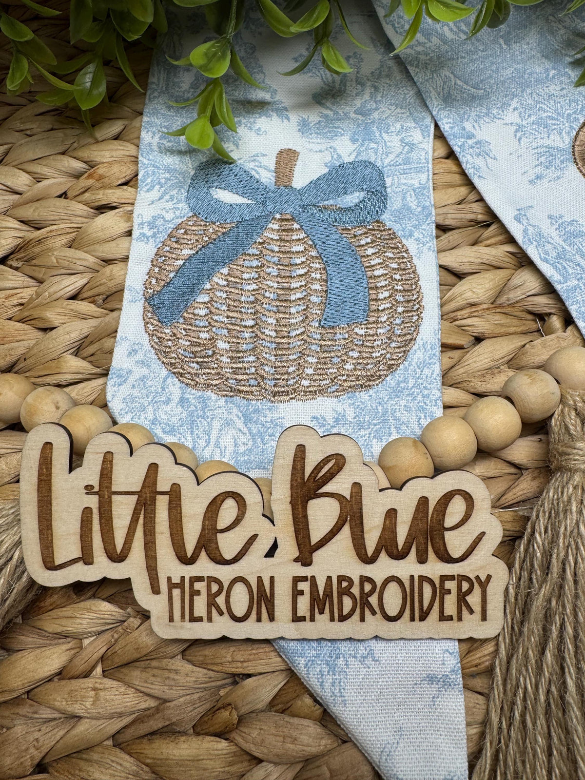 Blue Toile Pumpkin Wreath Sash