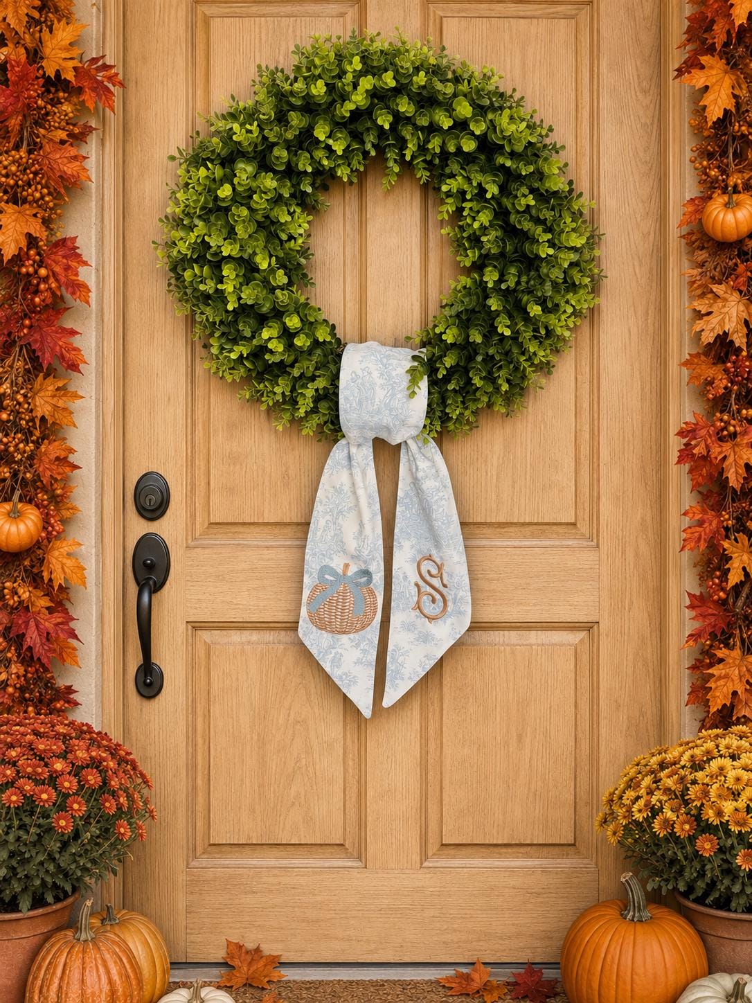 Blue Toile Pumpkin Wreath Sash