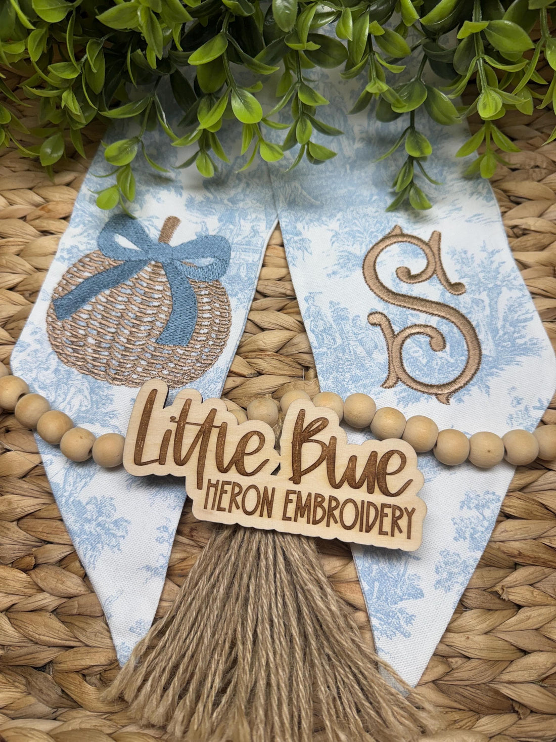 Blue Toile Pumpkin Wreath Sash