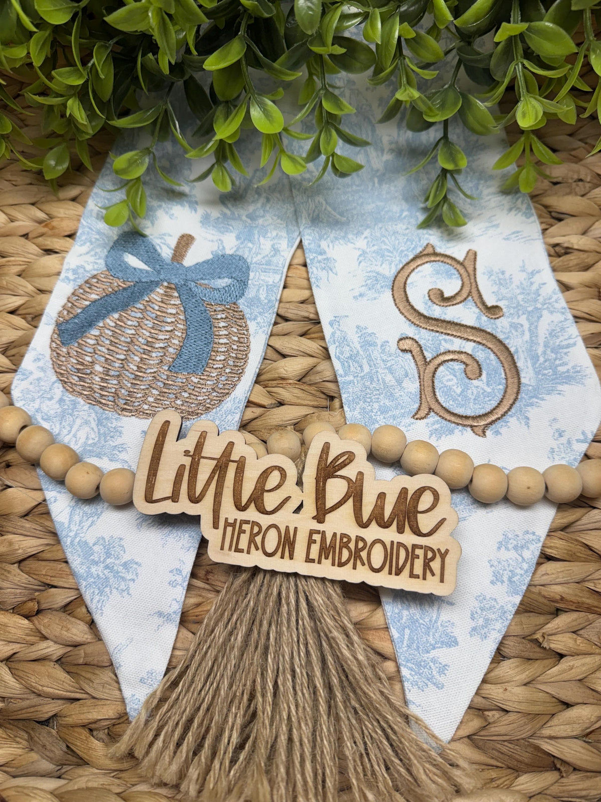 Blue Toile Pumpkin Wreath Sash